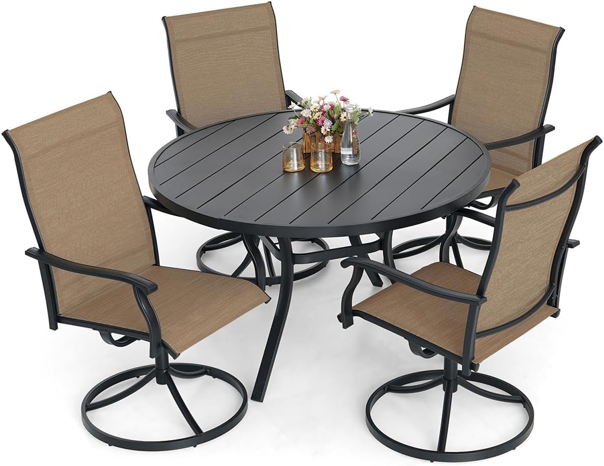 Anmutig 5-Piece Outdoor Dining Set, 48'' Round Table with 4 Swivel Chairs All Weather Furniture Set - Brown Style1 Anmutig