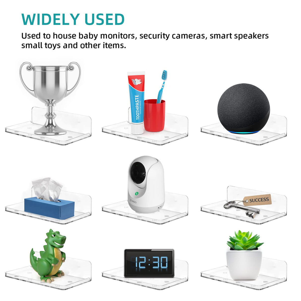 Wall Mount Floating Shelves for 2 Pcs Security Camera Shelf Mini Speaker Other Small Items in Bedroom Bathroom Kitchen Living Room Clear Mini Shelf Flexible Use for Wall Space(L) Liboer