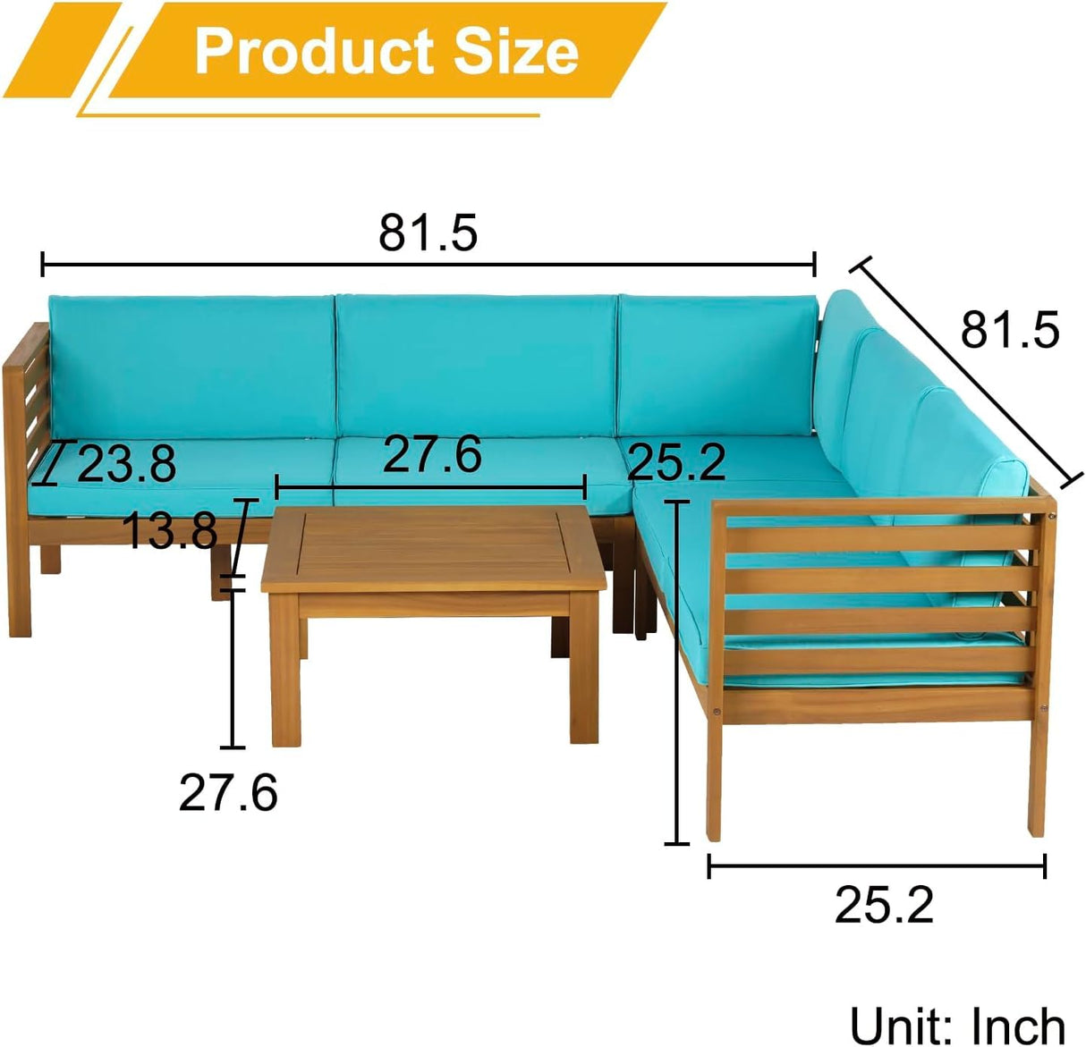PayLessHere Patio Furniture 4 Pieces Outdoor Furniture L-Shaped Sectional Sofa Conversation Sets Patio Corner Set with Coffee Table Acacia Wood and Waterproof Cushion (Blue) PayLessHere