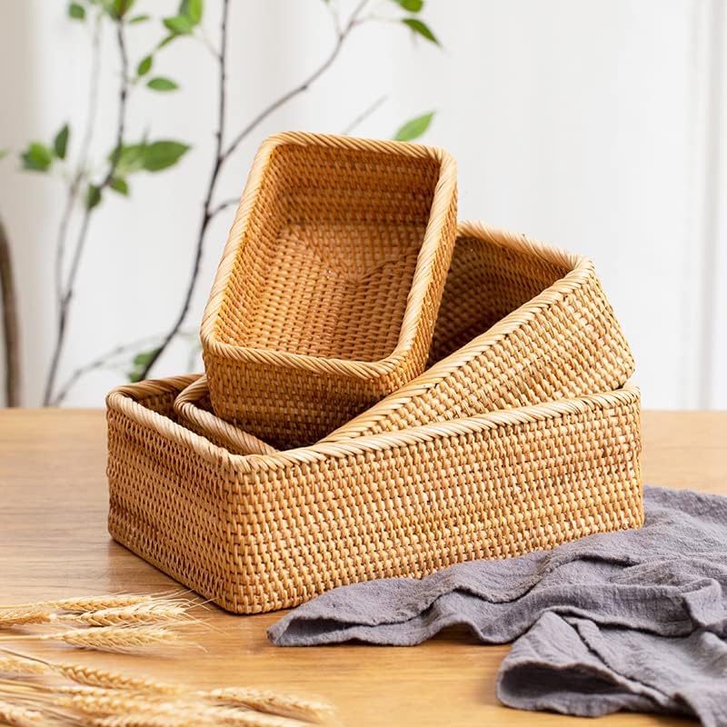 Natural Rattan Storage Baskets, Rectangular Woven Fruit Baskets, Wicker Decoration and Organizer for Bathroom, Living room (Set of 3) YANGQIHOME