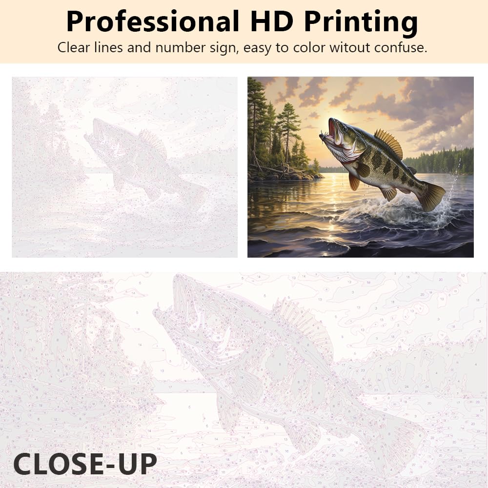 TUMOVO Paint by Numbers Kit for Adults Largemouth Bass Paint by Numbers for Adults Fish Jumping Out of Water Painting Adult Paint by Number Kits on Canvas Oil Painting Art Crafts 16x20 in TUMOVO