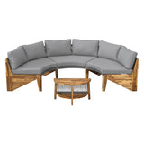 Quarte Outdoor Acacia Wood Round Sofa Set, Sectional Sets with Coffee Table,6-Person Seating Group for Garden, Deck (Gray/Half-Moon*A) Quarte
