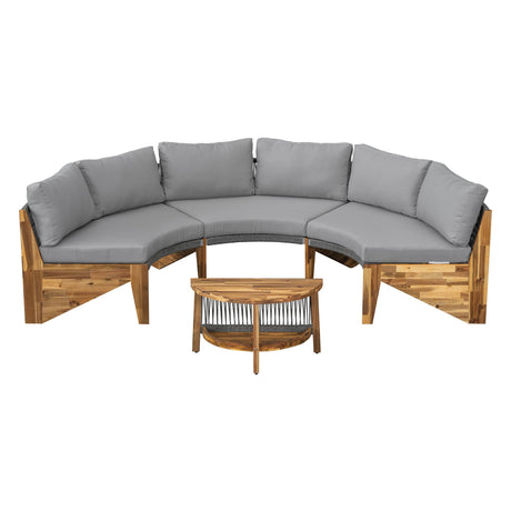 Quarte Outdoor Acacia Wood Round Sofa Set, Sectional Sets with Coffee Table,6-Person Seating Group for Garden, Deck (Gray/Half-Moon*A) Quarte