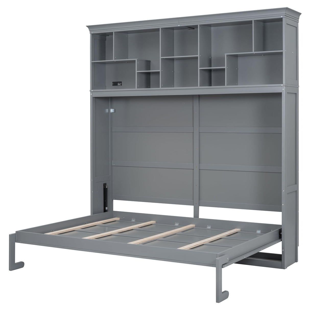 Merax Farmhouse Solid Wood Murphy Bed Chest with Top Shelves & USB Charging, Storage Wall Platform Bed with Wood Slat Support/Space Saving Queen,Gray Merax