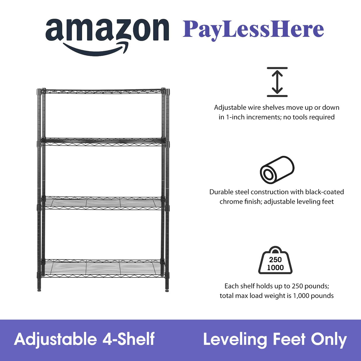 PayLessHere | 4-Tier Wire Shelf | 36"x14"x54" | Black | Adjustable Racks | Heavy-Duty Storage Shelves, Holds Upto 1000 lbs | Rust-Resistant, No-Tool Assembly | for Home, Garage Shelving PayLessHere