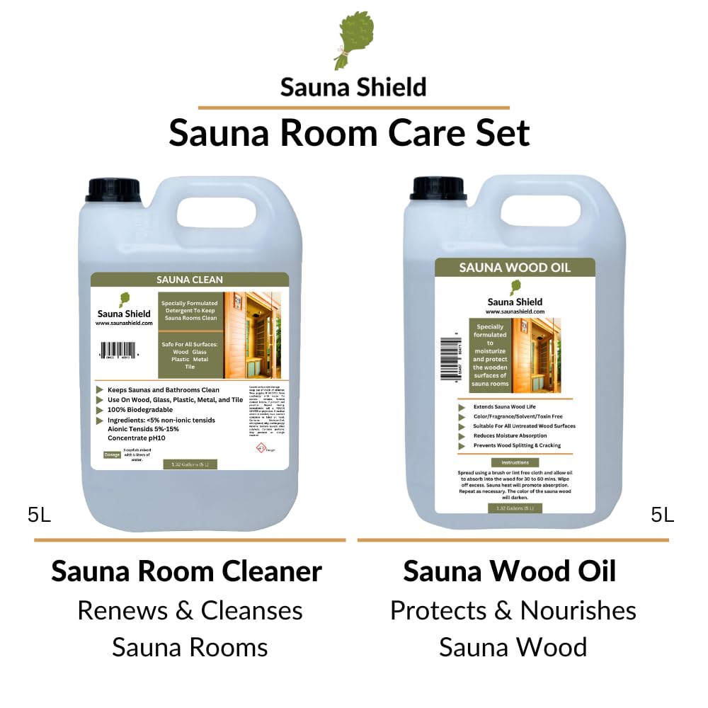 Sauna Shield Sauna Room Care Set: Sauna Wood Oil & Sauna Wood/Room Cleaner (1.32 Gallons Each) with Sponge Applicator - WoodArtSupply