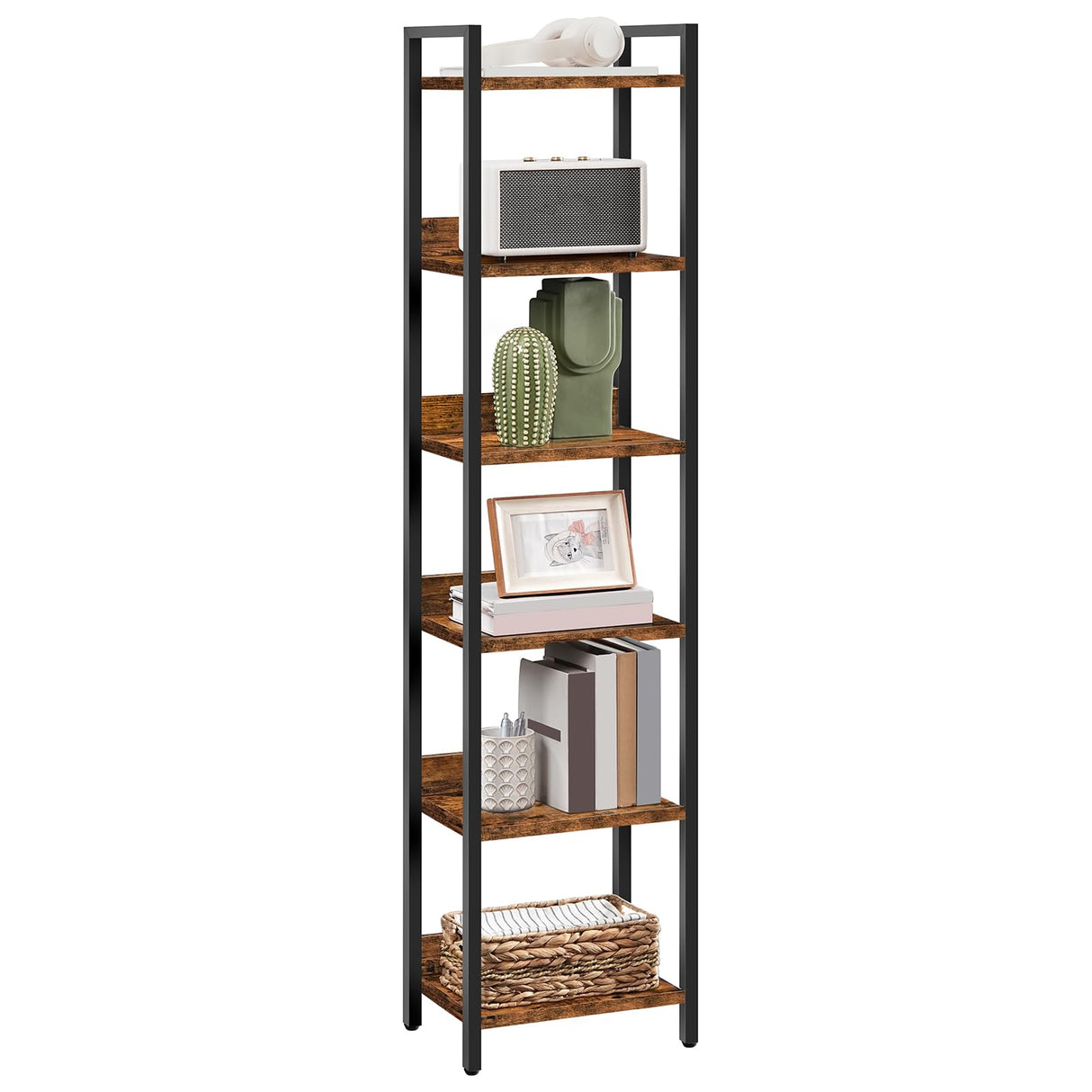 MAHANCRIS Bookshelf, 6-Tier Bookcase, Standing Book Shelf for Small Space, Storage Shelf Organizer, for Living Room, Bedroom, Study, Balcony, Rustic Brown and Black BKHR6601 MAHANCRIS