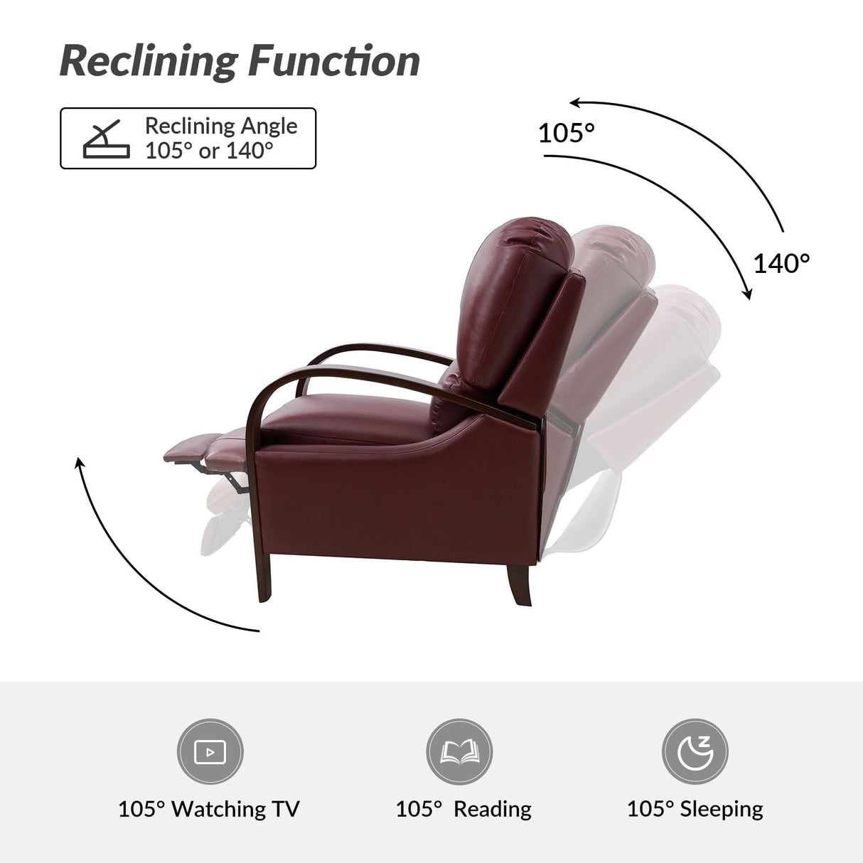 HULALA HOME Genuine Leather Manual Recliner with Wood Feet & Armrest, Mid-Century Modern Push Back Reclining Chair for Living Room Bedroom, Burgury HULALA HOME