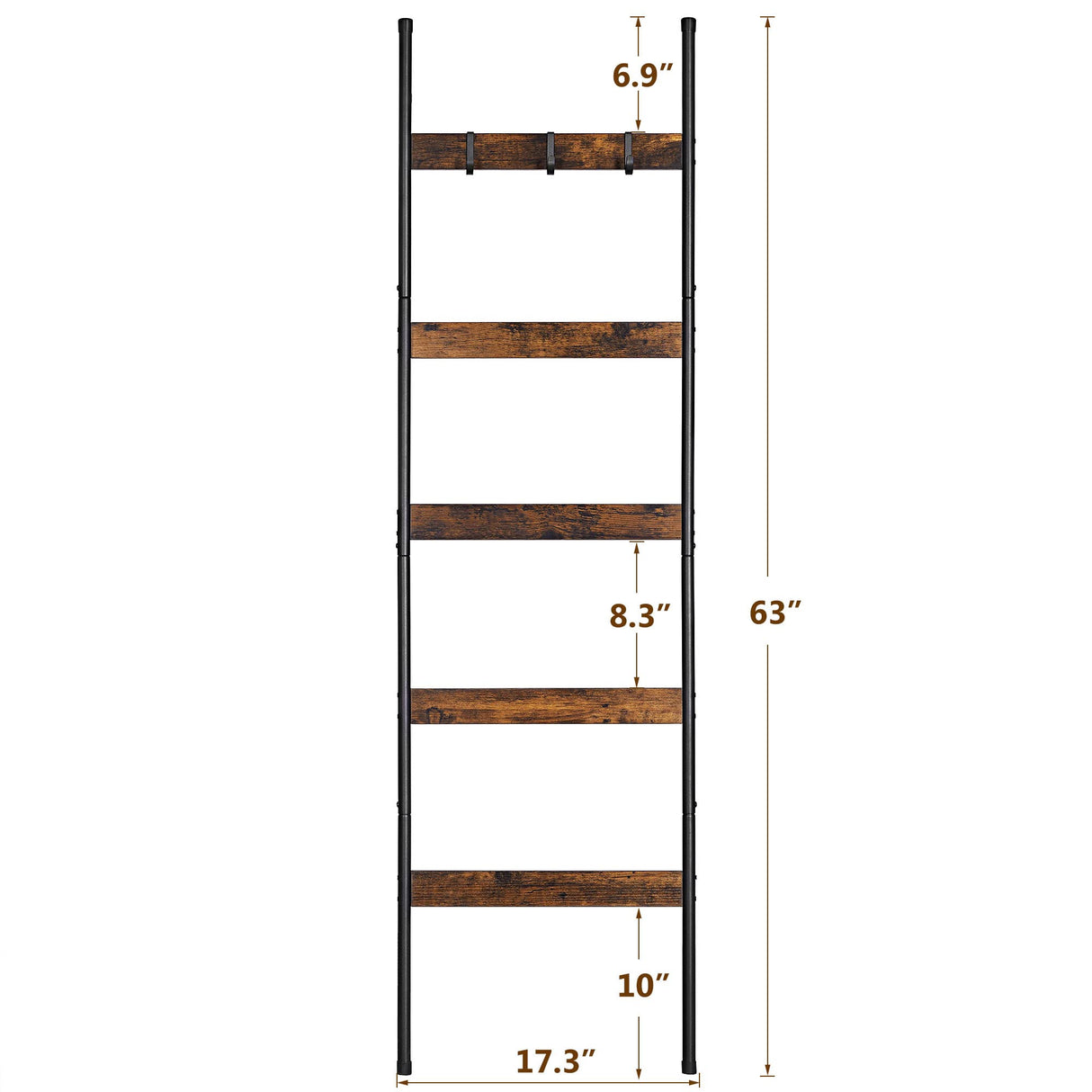 ELYKEN Blanket Ladder for Living Room, Farmhouse 5 -Tier Quilt Holder with 4 Removable Hooks for Bathroom, Wood Towel Rack Display, Wall Anchor Leaning Decorative Stand for Home Decor, Rustic Brown ELYKEN