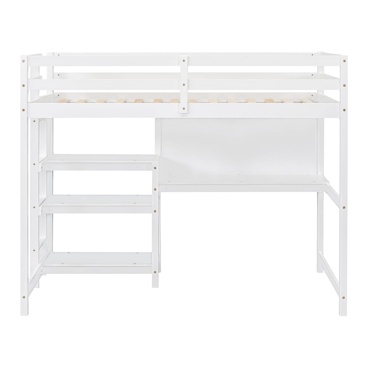 Merax Loft Bed Twin Size with Desk, Twin Loft Bed with Shelves and Writing Board for Kids, Boys or Girls, Wood Slat Support, No Box Spring Needed, White Merax