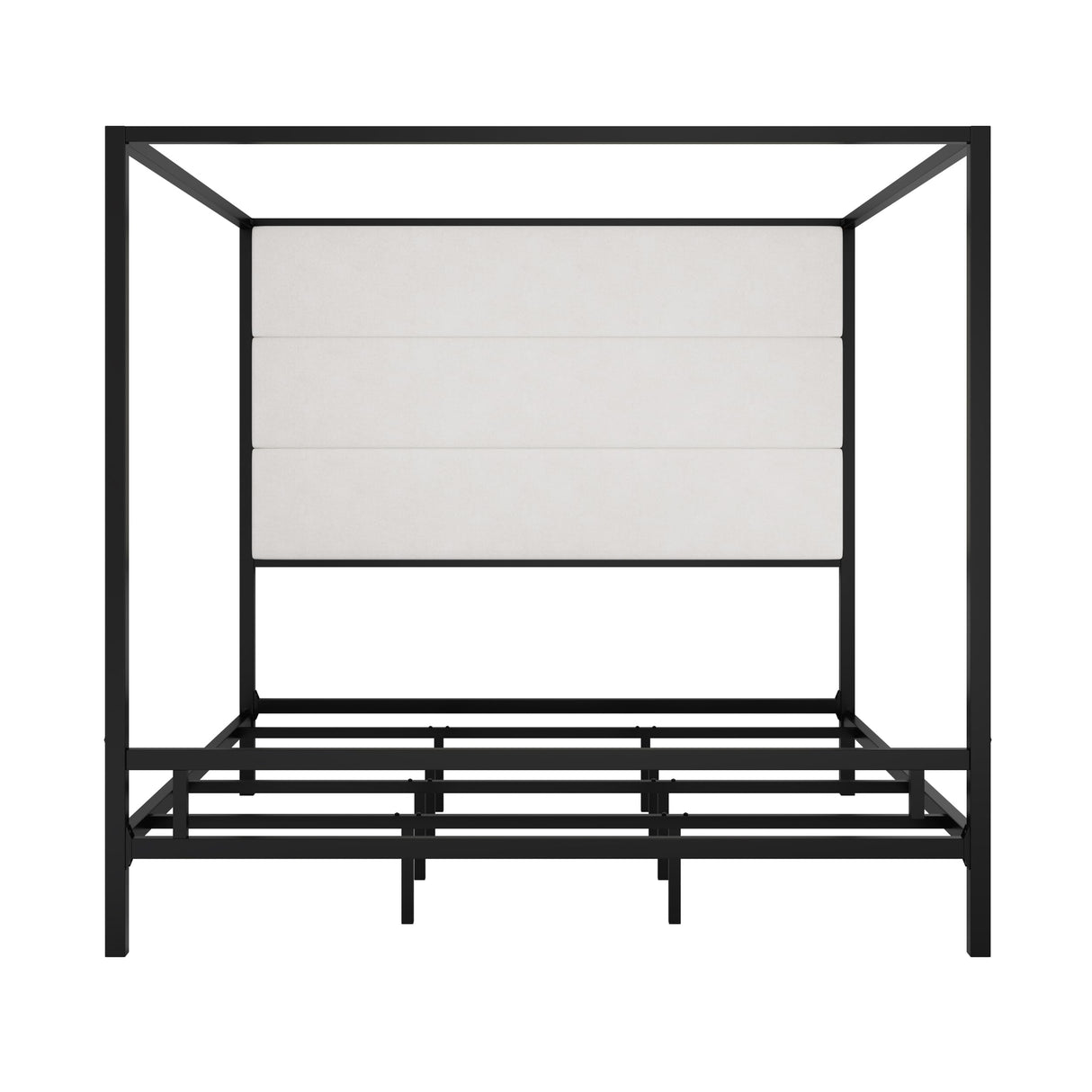 Merax King Size Modern Canopy Bed Frame, with Tall Linen Fabric Upholstered Headboard Metal 4-Poster, Box Spring Needed, Black + White Merax