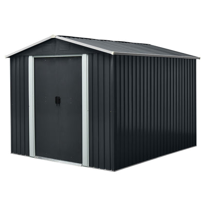 YOPTO 8x10 FT Outdoor Metal Shed,Tool Storage Cabine with Floor Base and Vents,Sliding Doors & Padlock,Waterproof Oversized House Shelter for Backyard Lawn Patio,Garden,Black