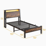 ZGEHCO Twin Bed Frames with Ergonomic Storage Headboard,Metal Platform Bed Frame with Charging Station,LED Bed Frame Twin Size No Box Spring Needed,Heavy Duty Steel Slats,Noise Free,Rustic Brown ZGEHCO