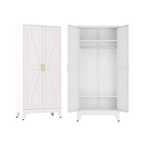XIUSVON Metal armoire Wardrobe Closet with Hanging Rod,71'' Metal Wardrobe Cabinet with 2 Doors and 2 Adjustable Shelves, Bedroom armoires,Laundry Room cabinets,armario de ropa Closet(Classic, White) XIUSVON