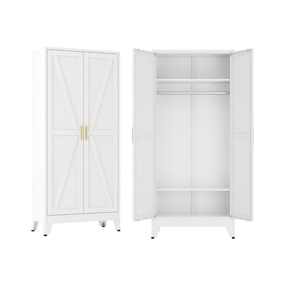 XIUSVON Metal armoire Wardrobe Closet with Hanging Rod,71'' Metal Wardrobe Cabinet with 2 Doors and 2 Adjustable Shelves, Bedroom armoires,Laundry Room cabinets,armario de ropa Closet(Classic, White)