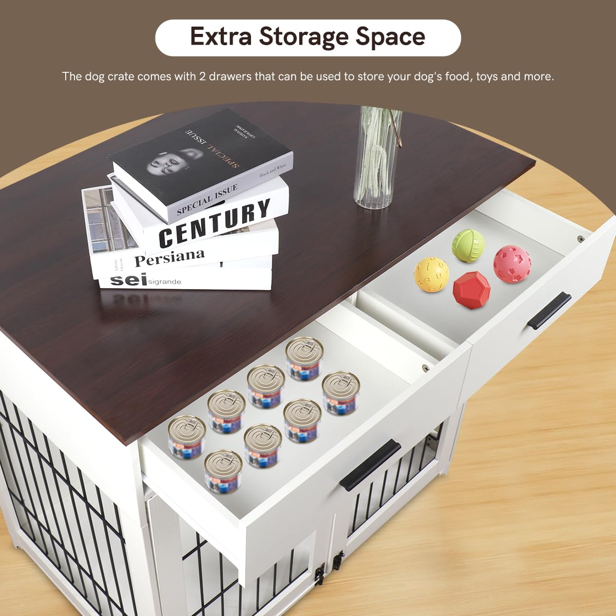 Snowtaros Dog Crate Furniture, 36.6 Inch Large Dog Crate with Drawers, Wooden Dog Kennel Indoor for Small Medium Large Dogs, Heavy Duty Dog Crate End Table with Double Doors Snowtaros