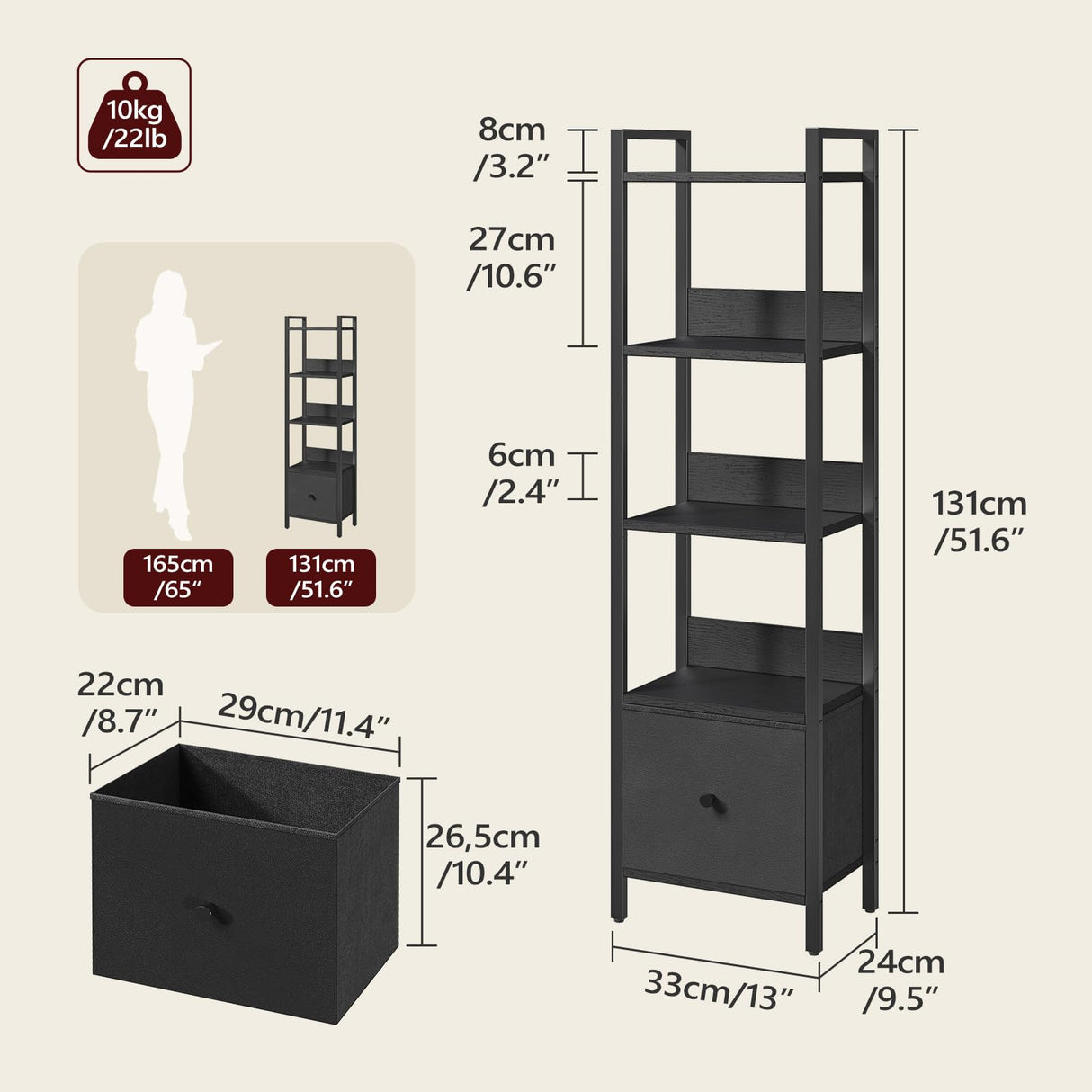 MAHANCRIS Bookshelf, 5-Tier Bookcase with Drawer, Small Book Shelf for Small Space, Storage Shelf Organizer, for Living Room, Bedroom, Study, Kitchen, Black BKHB55101 MAHANCRIS