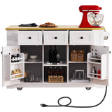 Kennkari Rolling Kitchen Island on Wheels with Drop Leaf, Wide Moblie Kitchen Island with Storage Cabinets and Power Outlet, Large Island Table with Towel Rack and Spice Rack (White) Kennkari