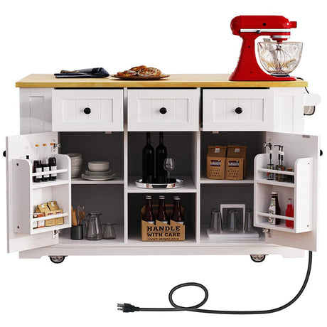 Kennkari Rolling Kitchen Island on Wheels with Drop Leaf, Wide Moblie Kitchen Island with Storage Cabinets and Power Outlet, Large Island Table with Towel Rack and Spice Rack (White) Kennkari