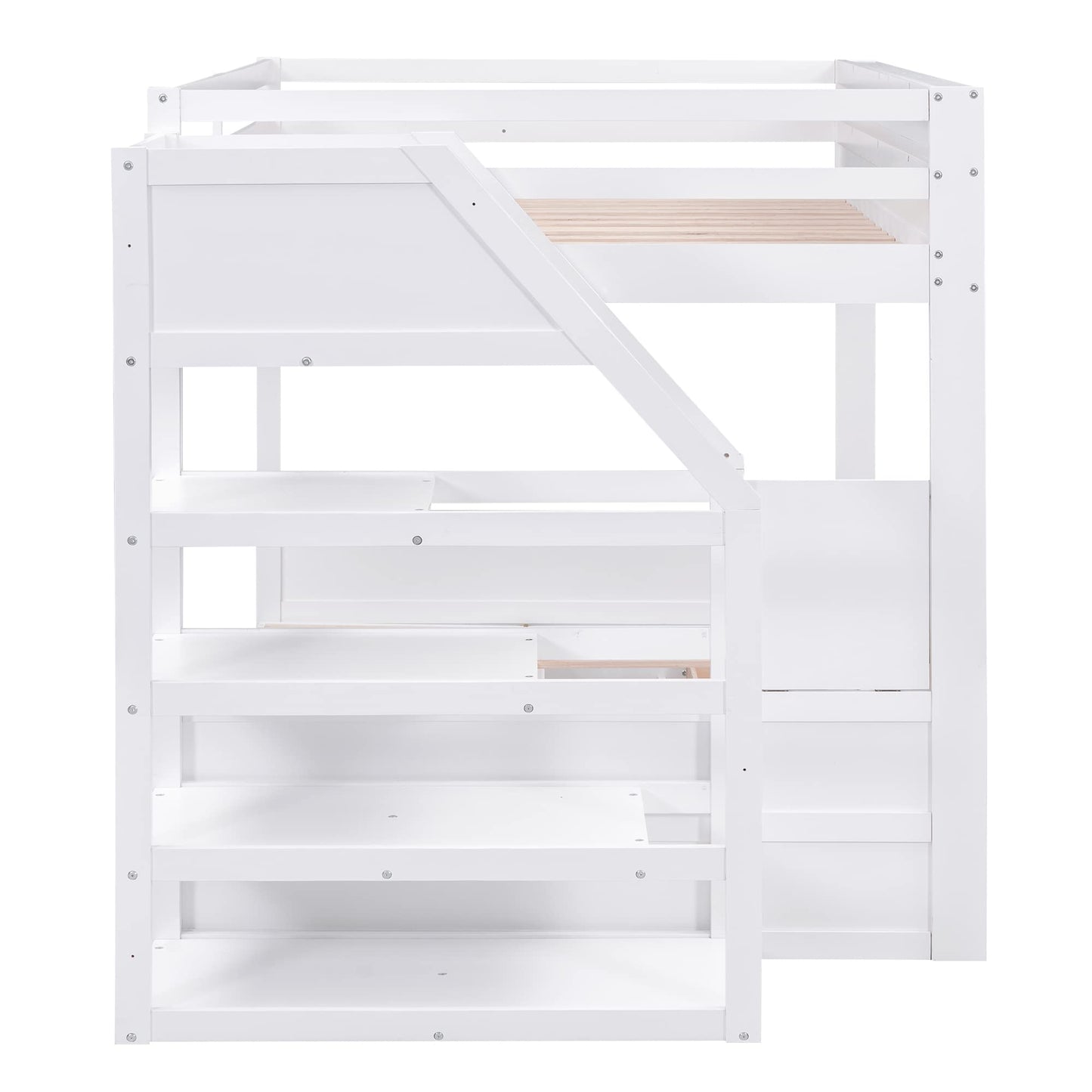 Harper & Bright Designs Convertible Full Over Full Futon Bunk Bed with Stairs, Drawers, and Built-in Shelf in White - WoodArtSupply