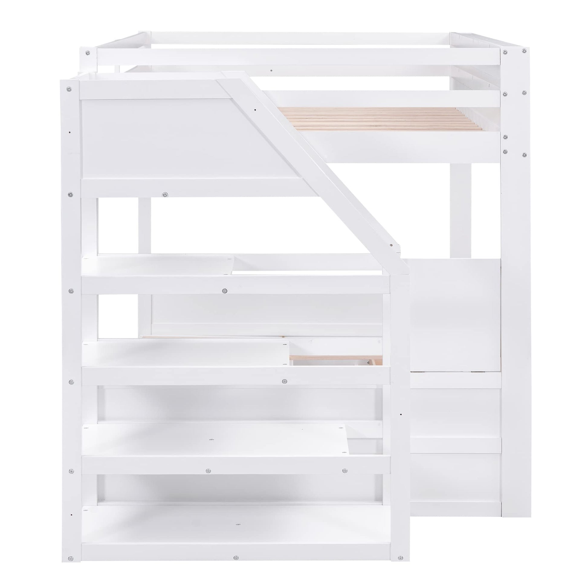 Harper & Bright Designs Convertible Full Over Full Futon Bunk Bed with Stairs, Drawers, and Built-in Shelf in White - WoodArtSupply