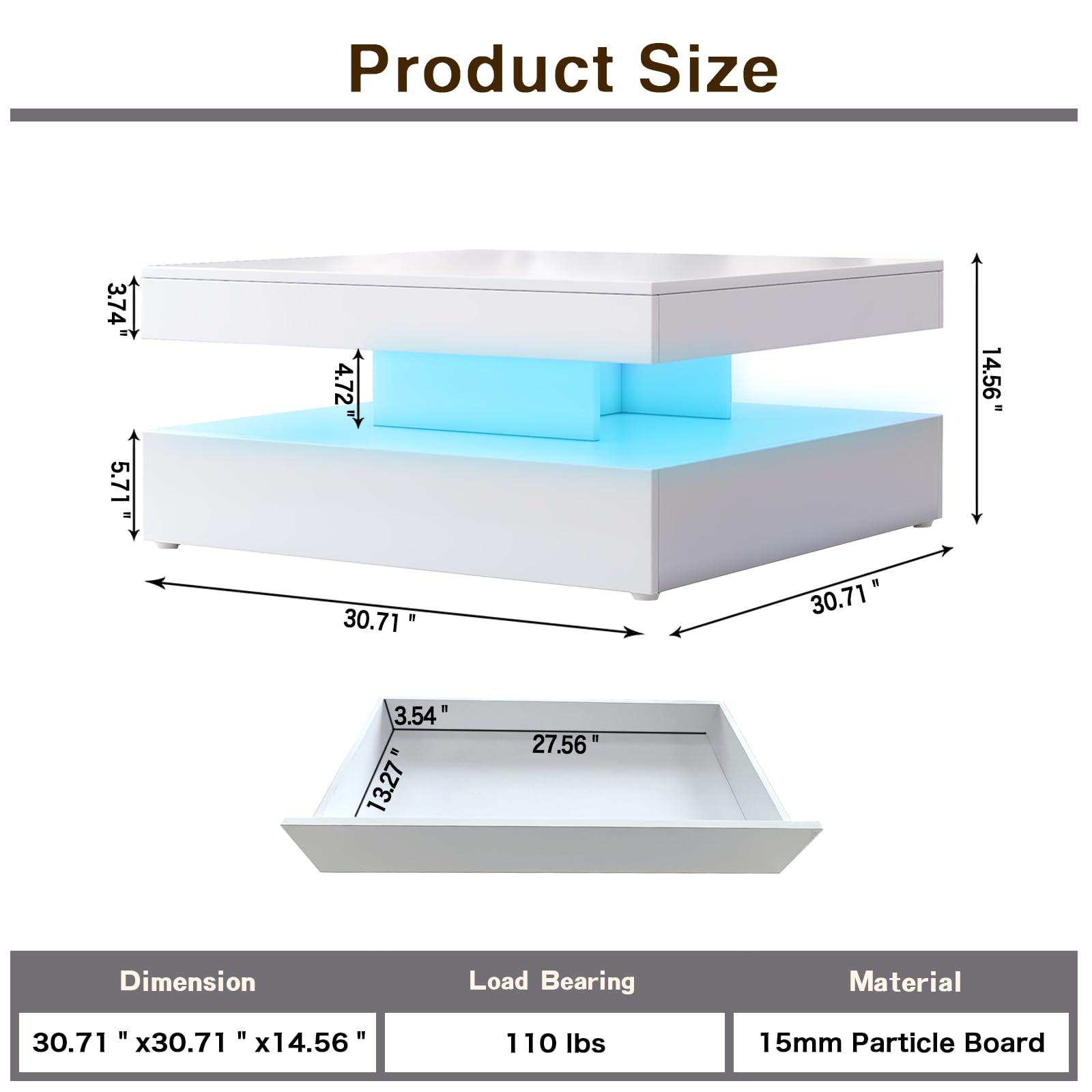 LED Coffee Table for Living Room with Storage - High Glossy Modern White Center Table with 2 Drawers, Square Wooden Middle Table with 16-Color Lights 31" x 31" x 14.6" (White) - WoodArtSupply