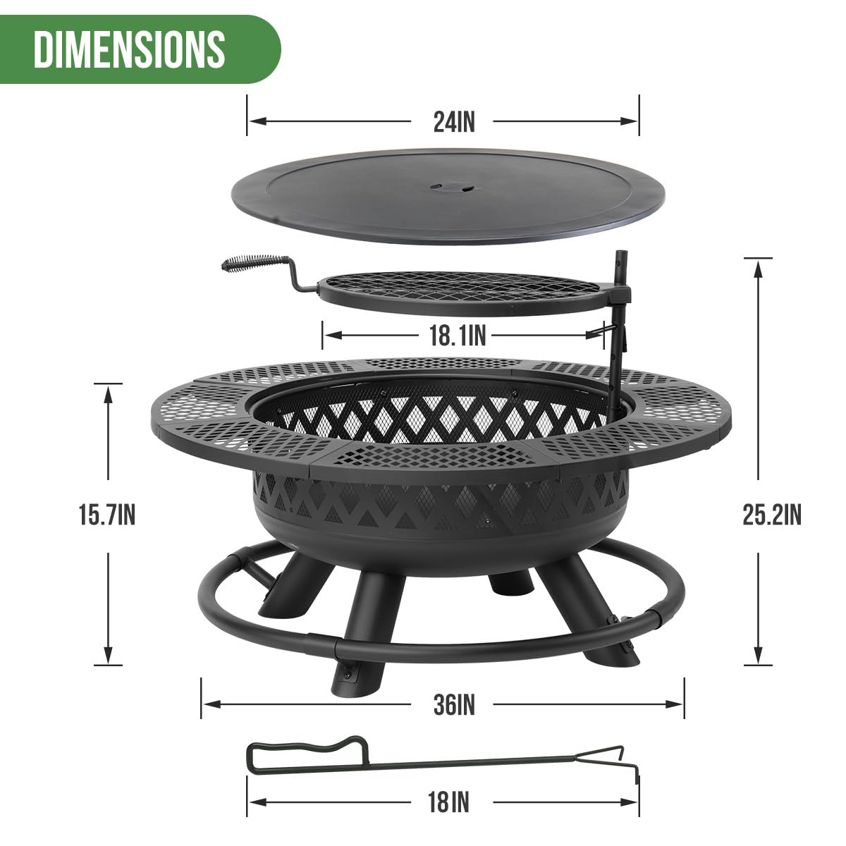 Panovue 36 Inch Fire Pit with Grill, Wood Burning Fire Pits for Outside with Lid& Fire Poker, Round Metal Firepit Table 3 in 1 with Cooking Grate,Outdoor Firepits for Yard Patio Bonfire Camping,Black Panovue
