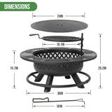 Panovue 36 Inch Fire Pit with Grill, Wood Burning Fire Pits for Outside with Lid& Fire Poker, Round Metal Firepit Table 3 in 1 with Cooking Grate,Outdoor Firepits for Yard Patio Bonfire Camping,Black Panovue