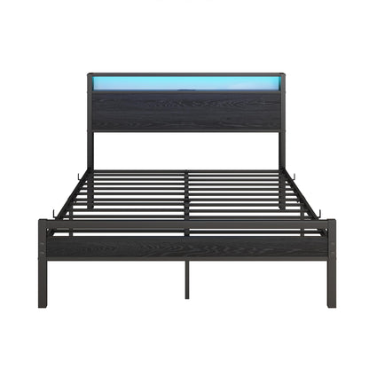 BOFENG Full Size Metal Bed Frame with Storage Headboard, LED Lights, and Charging Station - WoodArtSupply