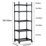 Susuzi 6-Tier Storage Shelves – 66" Tall Metal Shelving Unit with Wheels, 150lb Capacity – Compact 16.5" W x 13" D for Garage, Kitchen & Office (Black) (5-Tier) Susuzi