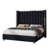 Jocisland King Size Bed Frame with 58" Tall Headboard, Velvet Upholstered Platform Bed with Channel Tufted Wingback Headboard and Plating Trim, No Box Spring Needed, Black Jocisland
