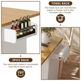 COCO DESIGN Rolling Kitchen Island Cart with Wheels, 54" Portable Trolley Island with Drop Leaf Countertop, Sliding Barn Door, Power Outlet, Spice Rack, Towel Rack and Drawers, Minimalist White COCO DESIGN