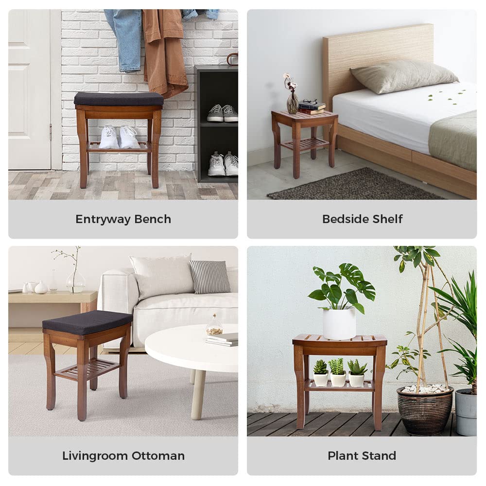StrongTek Bamboo Shower Bench Seat with Soft Cushion, Footrest Shaving Stool with Storage Shelf, Non-Slip, Ideal for Spa Bath Seat, Bathroom, Living Room & Garden Decor, Espresso StrongTek