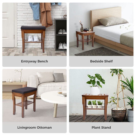 StrongTek Bamboo Shower Bench Seat with Soft Cushion, Footrest Shaving Stool with Storage Shelf, Non-Slip, Ideal for Spa Bath Seat, Bathroom, Living Room & Garden Decor, Espresso StrongTek