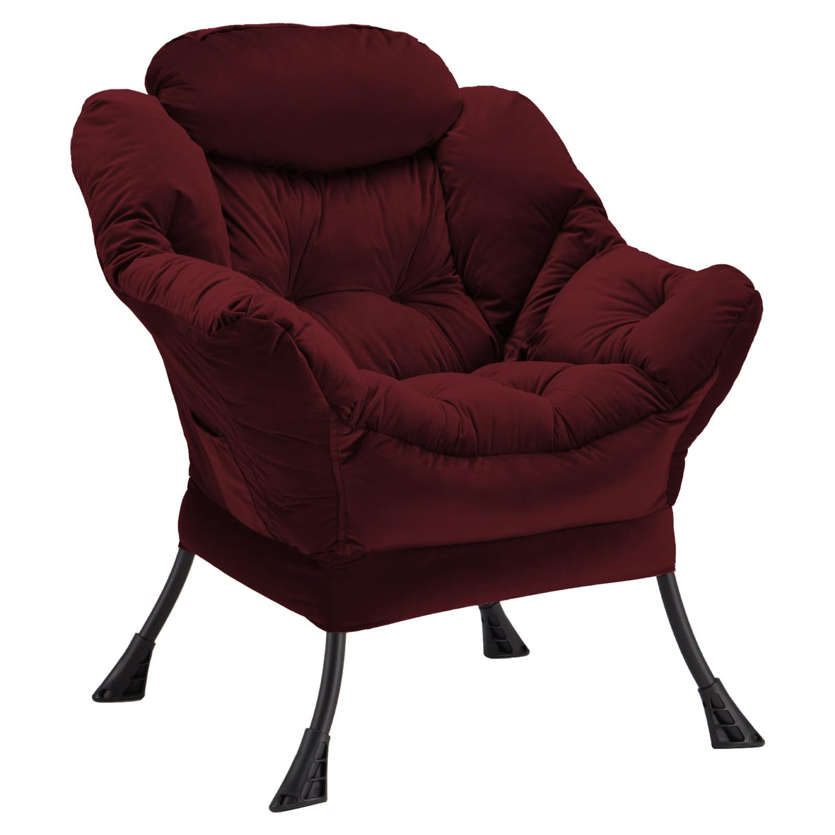 Youtanic Lazy Chair Thick Padded, Accent Chair Velvet Upholstered with Wide Seat, Stable Metal Frame and Non-Slip Pad, Modern Sofa Armchair with Side Storage Bag for Dorm, Room, Office, Burgundy Youtanic