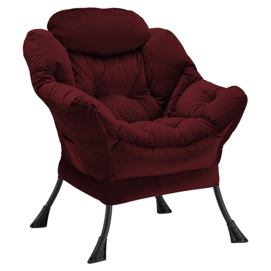 Youtanic Lazy Chair Thick Padded, Accent Chair Velvet Upholstered with Wide Seat, Stable Metal Frame and Non-Slip Pad, Modern Sofa Armchair with Side Storage Bag for Dorm, Room, Office, Burgundy