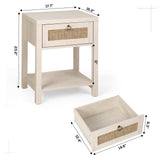 VOWNER White Rattan Nightstand Set of 2, Wood Night Stand with Vintage Metal Pull Handle, 2 PCS Bedside Table Boho End Tables with Storage, Side Tables Shelf for Bedroom, Small Space VOWNER