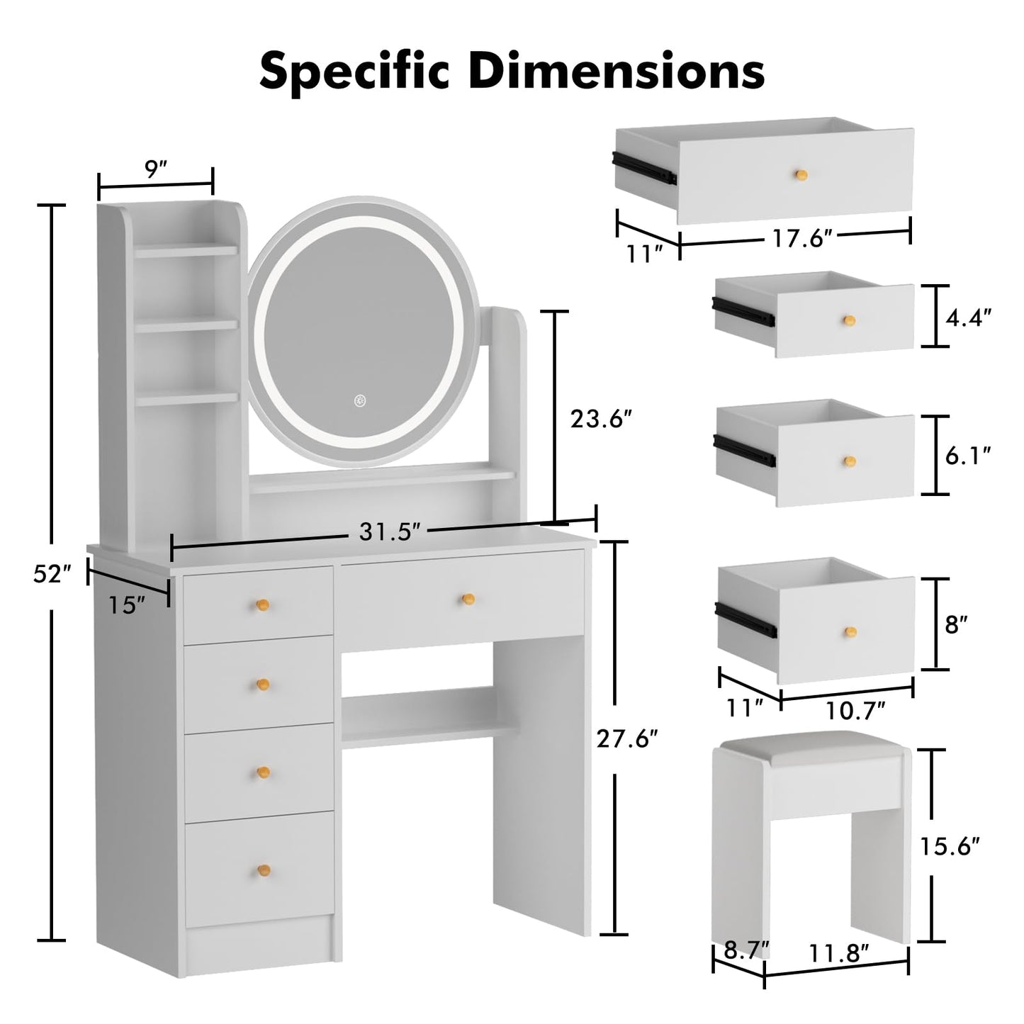 ADOFFUR Vanity Desk with Round Mirror and Lights, Small Makeup Vanity Table Set with Chair & 5 Drawers & Storage Shelves, 3 Lighting Modes Adjustable Brightness Dressing Table for Bedroom, White