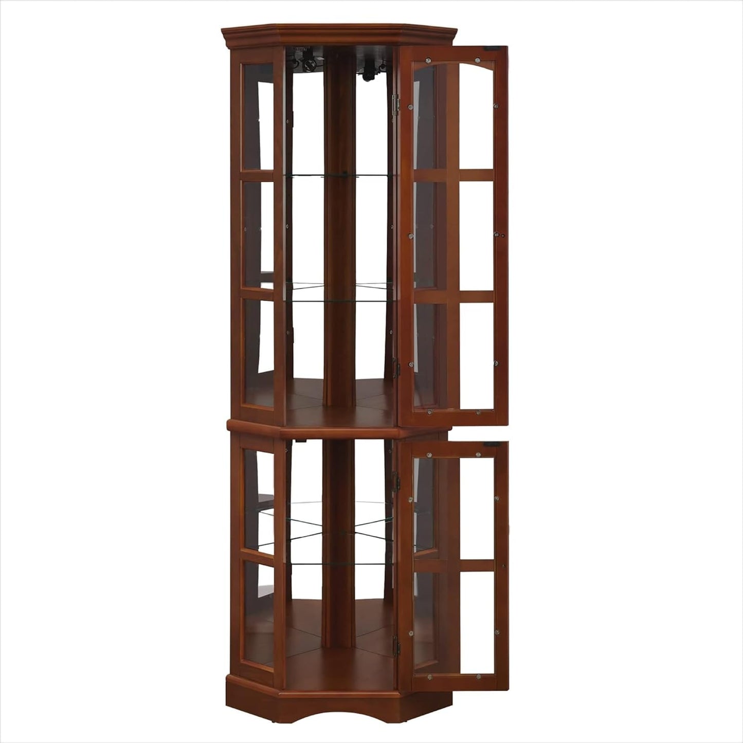 HOMIQUEEN Corner Curio Display Cabinet with 5 Shelves and Lighting System, Wooden Accent China Cabinet with Tempered Glass Doors for Living Room, Bar and Liquor Storage Area (Walnut) - WoodArtSupply