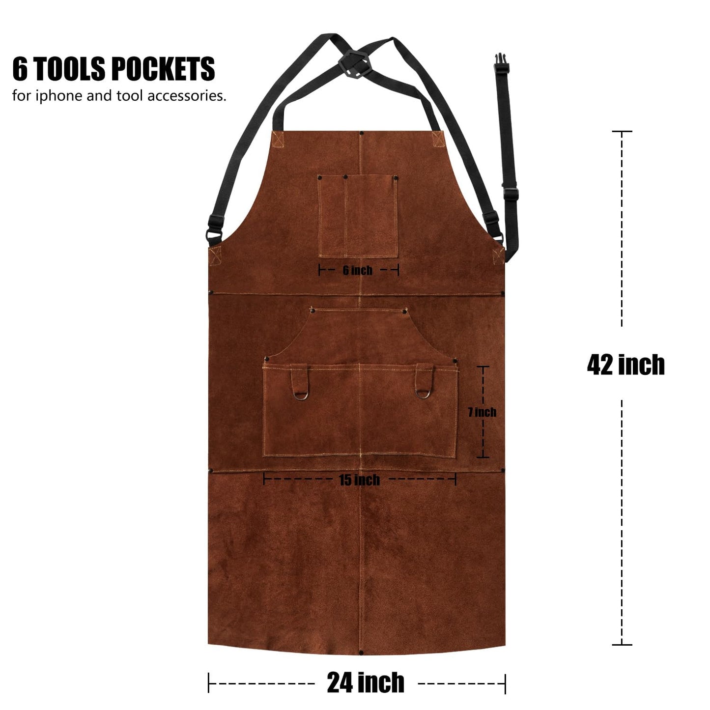 eletecpro Woodworking Apron Heavy Duty- Length 42 Inch 6 Pockets Leather Welding Apron & Welding Gloves Cowhide Fire/Heat Resistant Shop Apron Men/Women (Brown) - WoodArtSupply