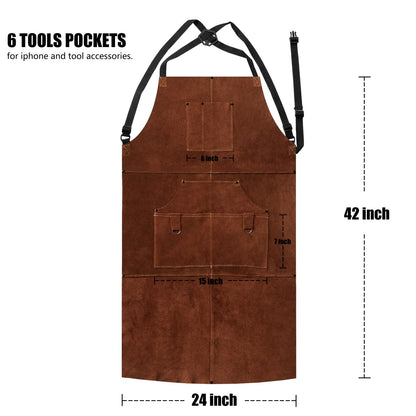 eletecpro Woodworking Apron Heavy Duty- Length 42 Inch 6 Pockets Leather Welding Apron & Welding Gloves Cowhide Fire/Heat Resistant Shop Apron Men/Women (Brown) - WoodArtSupply