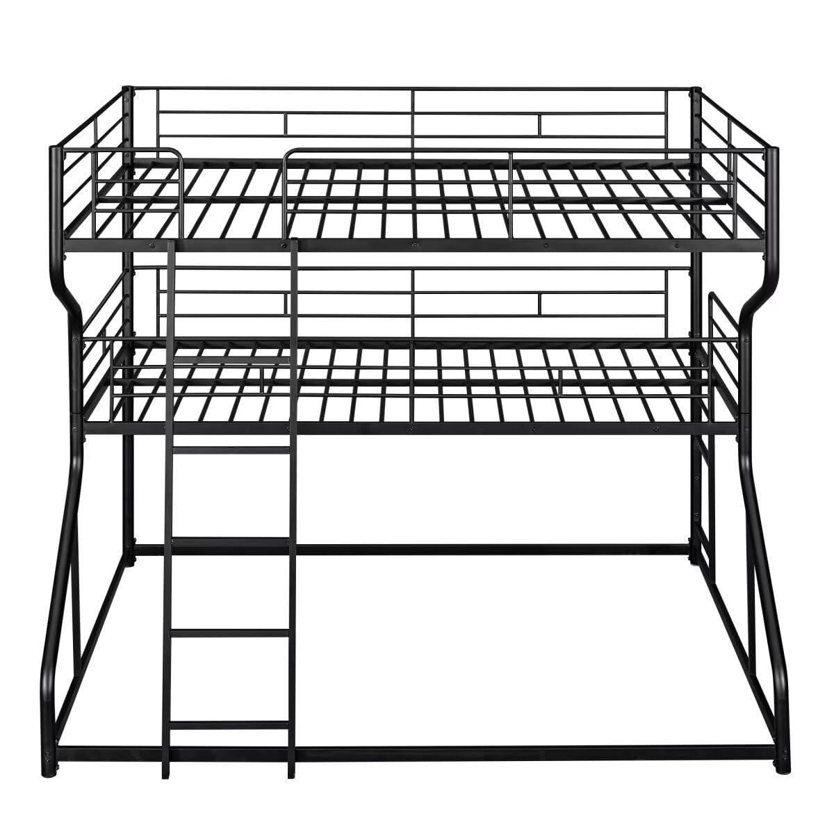 JIJIWANG Full XL Over Twin XL Over Queen Size Triple Bunk Bed with Long and Short Ladder, Unique Curved Metal Frame with Safety Guardrail, Industrial Style Triple Bunk Bed Frame, Black