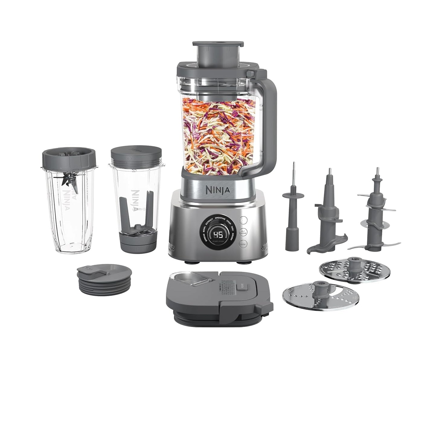 Ninja Blender and Food Processor Combo, Foodi Power Blenders For Kitchen and Personal Size, Smoothie Maker, 6 Functions for Bowls, Spreads, Shakes, 72-oz. Glass Pitcher & To-Go Cups, Silver SS401