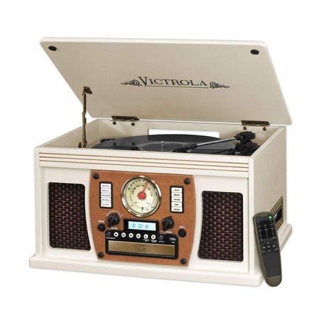 Victrola Navigator 8-in-1 Bluetooth Record Player with Built-in Speakers – 3 Speed, CD Player, Cassette, FM Radio, USB, RCA Out, Headphone Jack, Wireless Music Streaming, Real Wood, White Victrola