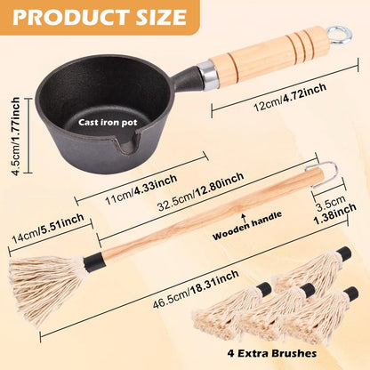 Cast Iron Sauce Pot and BBQ Mop Brush, BBQ Mop Brush 4PC Replacement Head BBQ Basting Set with Saucepan and Long Handle Brush for Grilling(brown,beige,black)