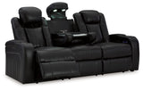 Signature Design by Ashley Caveman Den Modern Faux Leather Power Reclining Sofa with Adjustable Headrest, Drop Down Table, Electrical Outlets and LED Reading Lights, Black Signature Design by Ashley
