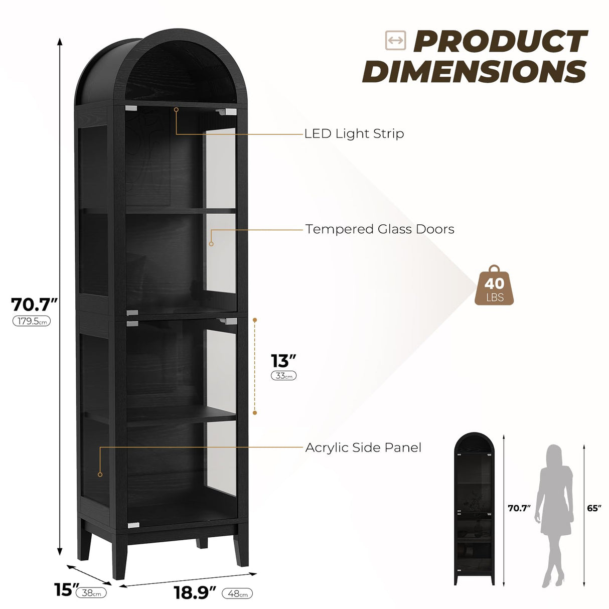 BROTTAR 71" Tall Arched Display Cabinet with Glass Doors, 5-Tier Curio Cabinet with LED Lights for Collectibles, Books, Showcase Glass Display Case with Human Body Sensor for Living Room, Black BROTTAR