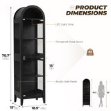 BROTTAR 71" Tall Arched Display Cabinet with Glass Doors, 5-Tier Curio Cabinet with LED Lights for Collectibles, Books, Showcase Glass Display Case with Human Body Sensor for Living Room, Black BROTTAR