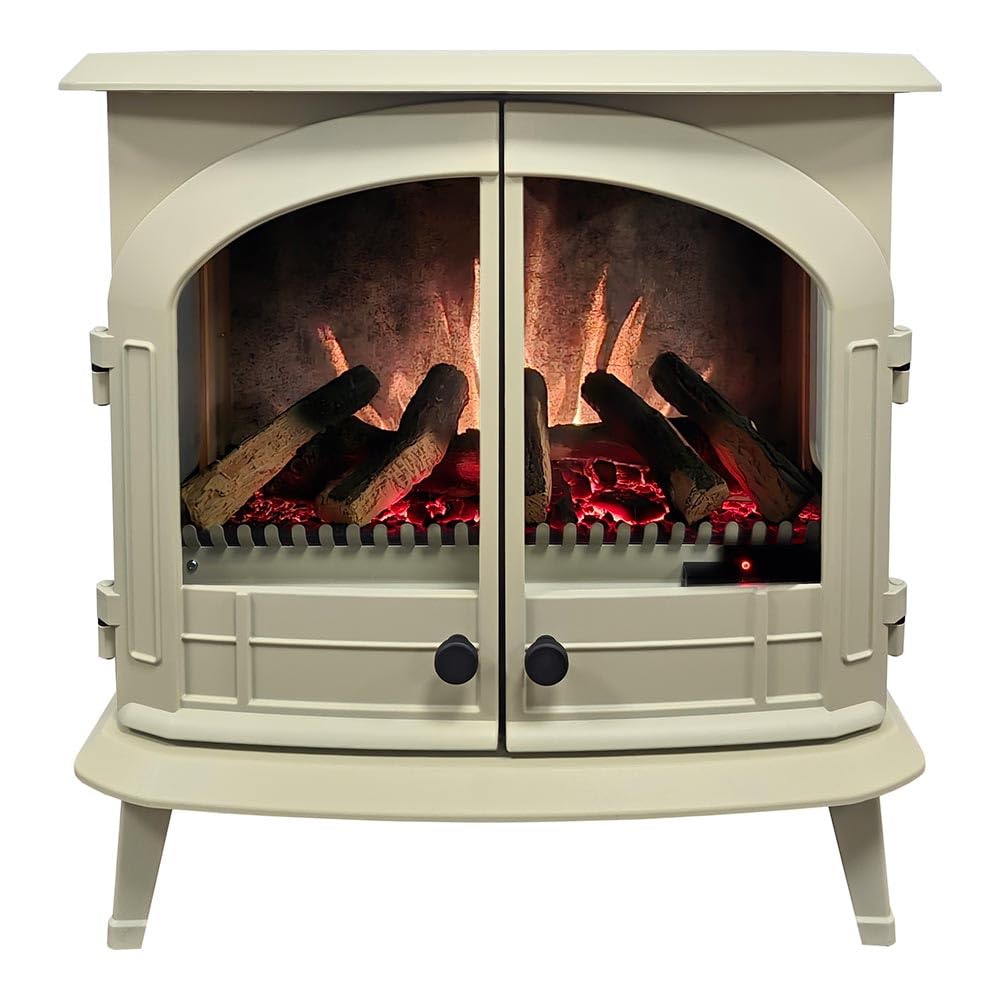 Modern Ember Harlowe Freestanding Electric Fireplace Stove Heater in Cream with Multi-Color Ember Bed | Smart Technology | Alexa/WiFi Enabled | 1500W | Indoor Portable Heater | Safety Shutoff Modern Ember