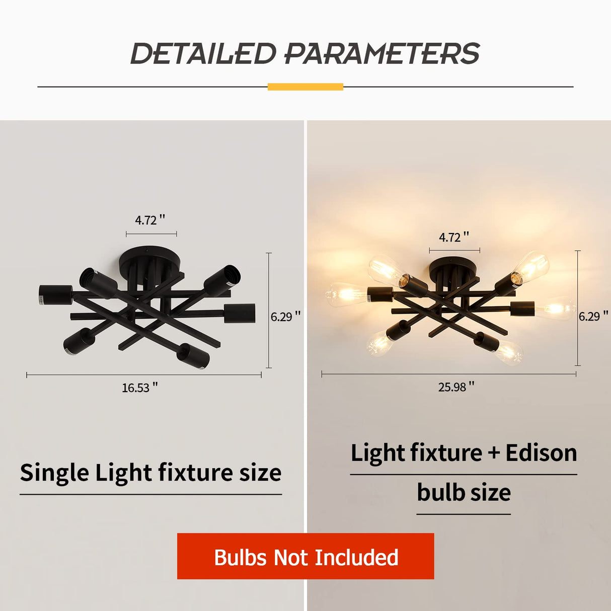 ASGYISA Semi Flush Mount Modern Ceiling Light Fixture， 6 Lights Black Vintage Matte Sputnik Chandelier Ceiling Lamp with E26 Bulb Base for Farmhouse Dining Room Living Room Bedroom Study Kitchen ASGYISA